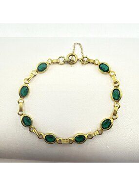 Vintage Gold Filled Bracelet Danecraft Green Glass Open Bezel Safety Chain 7.25"